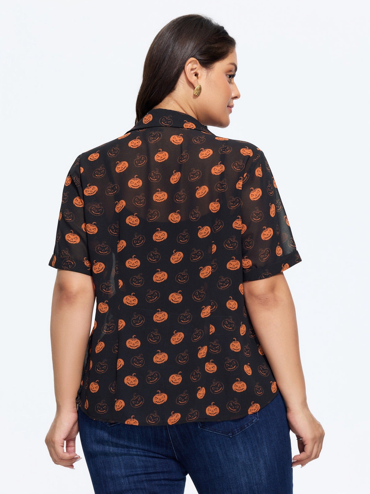 Pumpkin Jack‑o‑Lantern Print Button‑Front Blouse