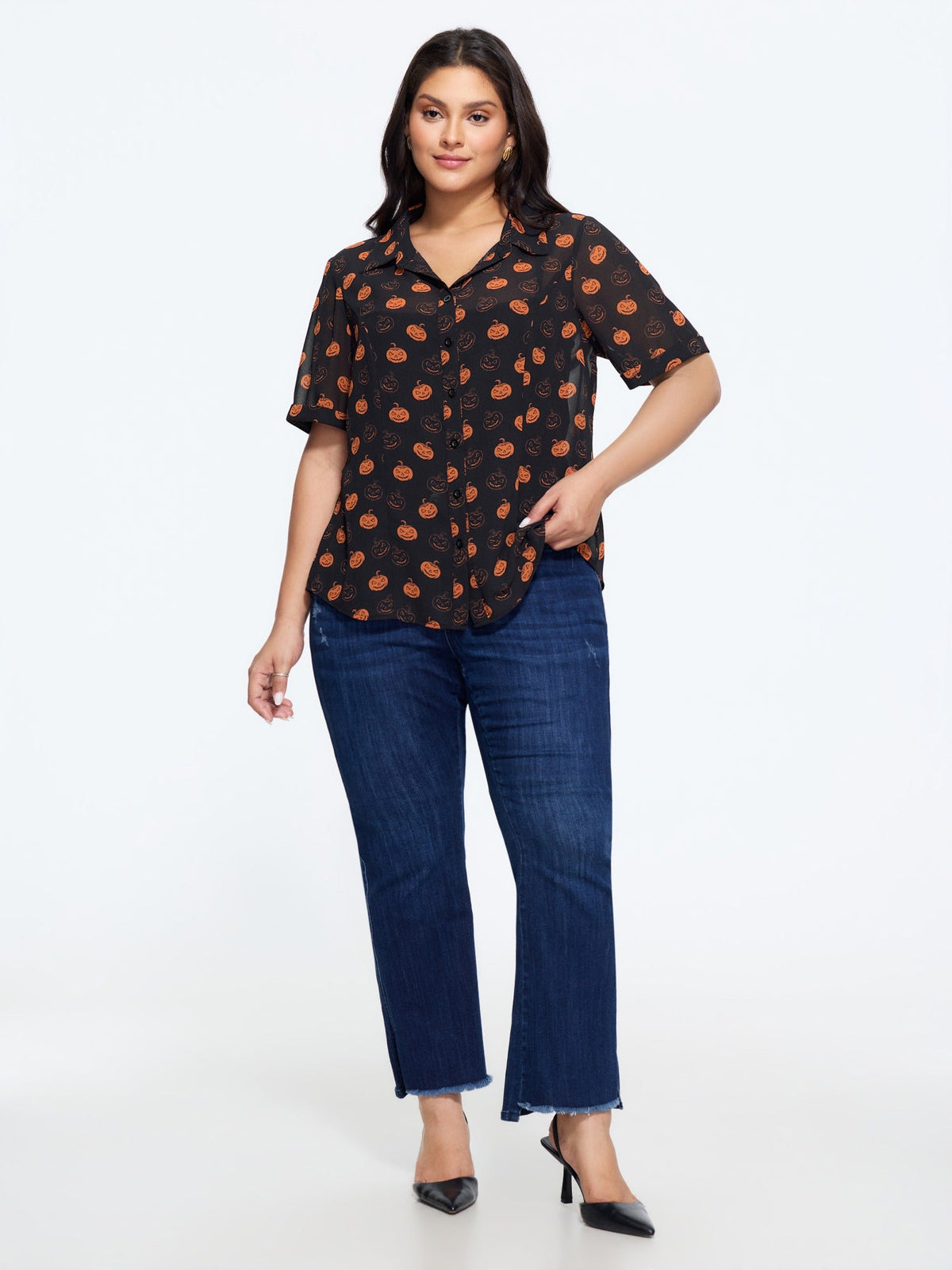 Pumpkin Jack‑o‑Lantern Print Button‑Front Blouse