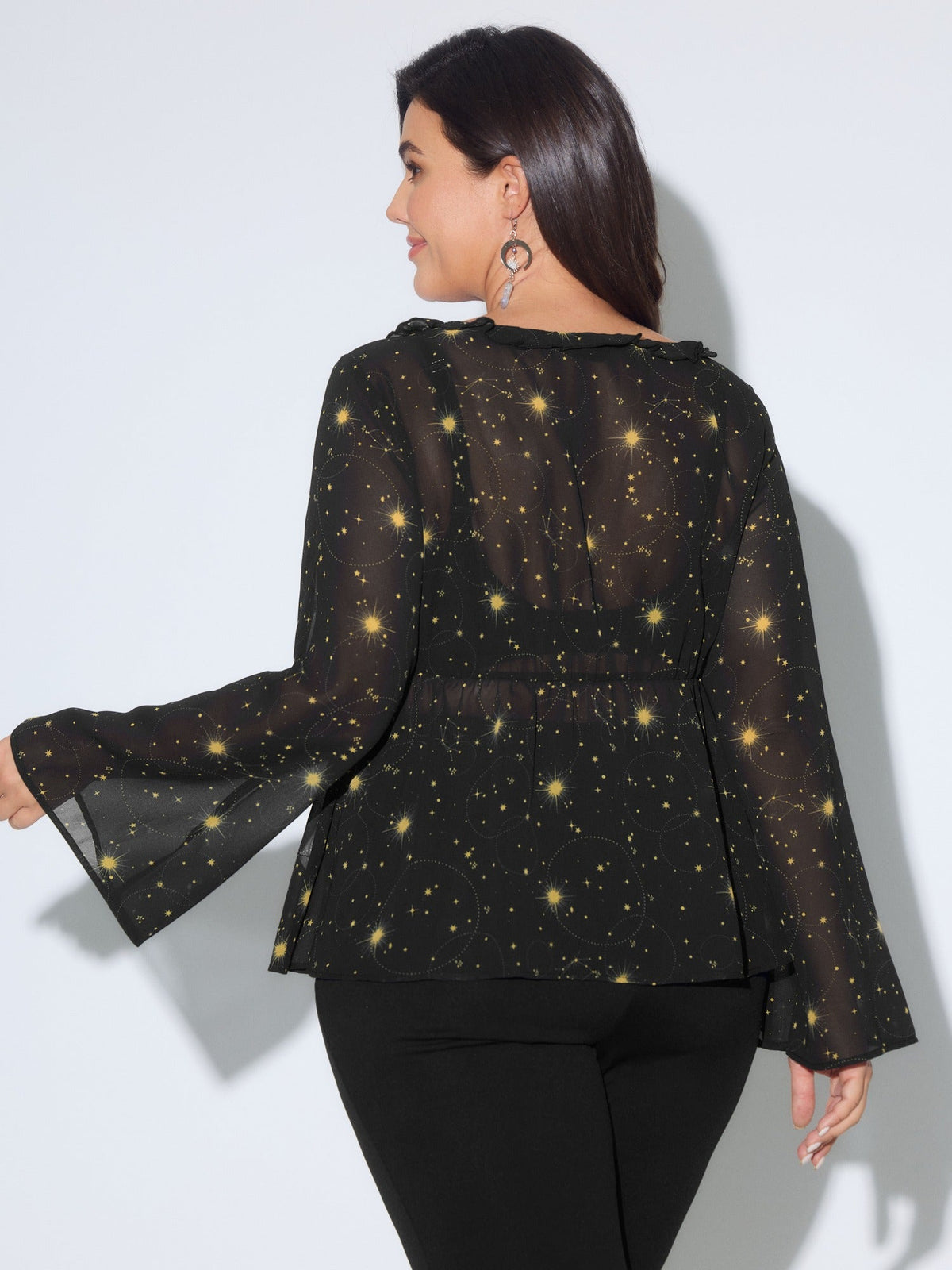 Star Constellation Print Sheer Chiffon Blouse