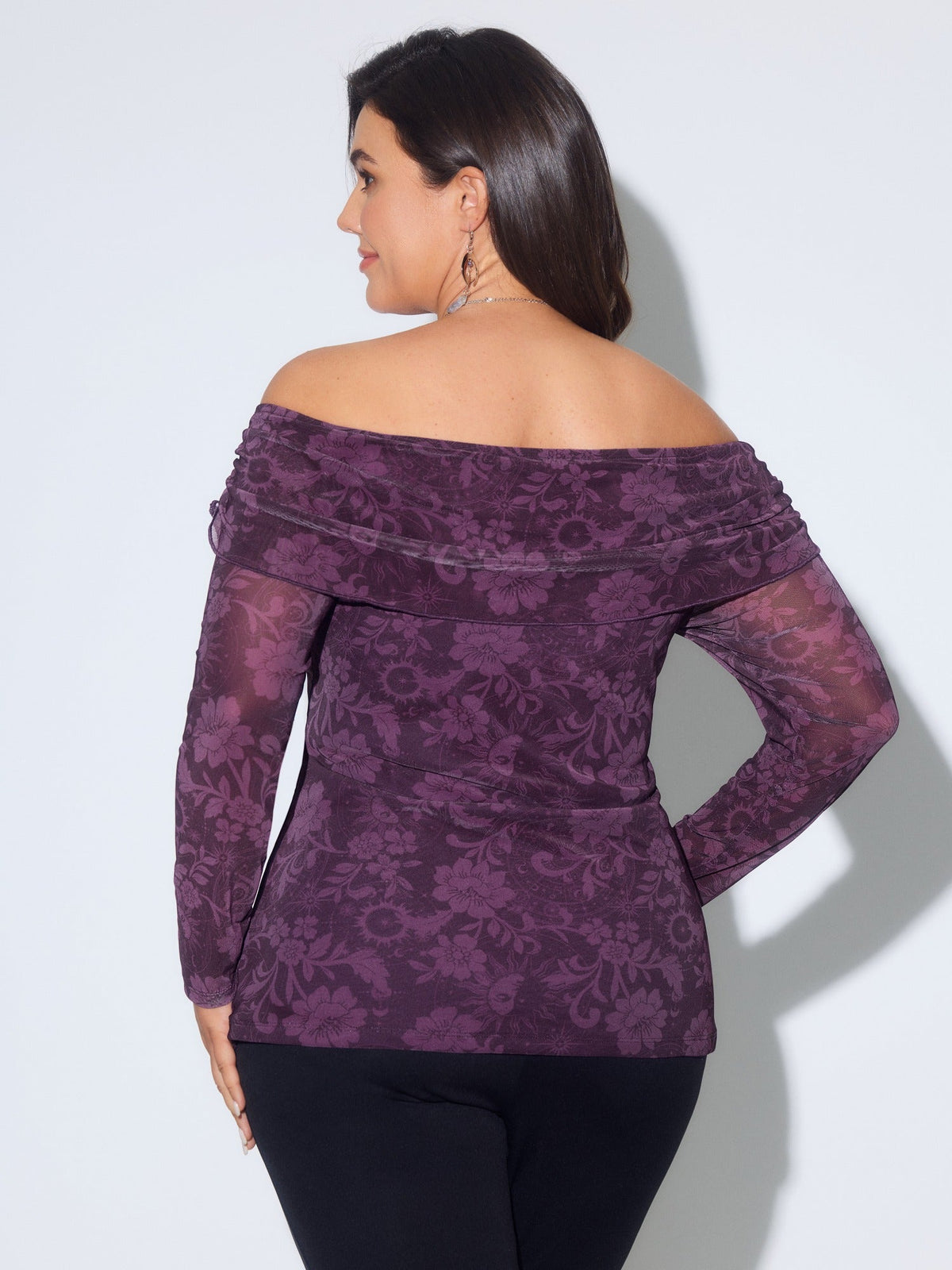 Stretch Floral Print Mesh Off Shoulder Blouse
