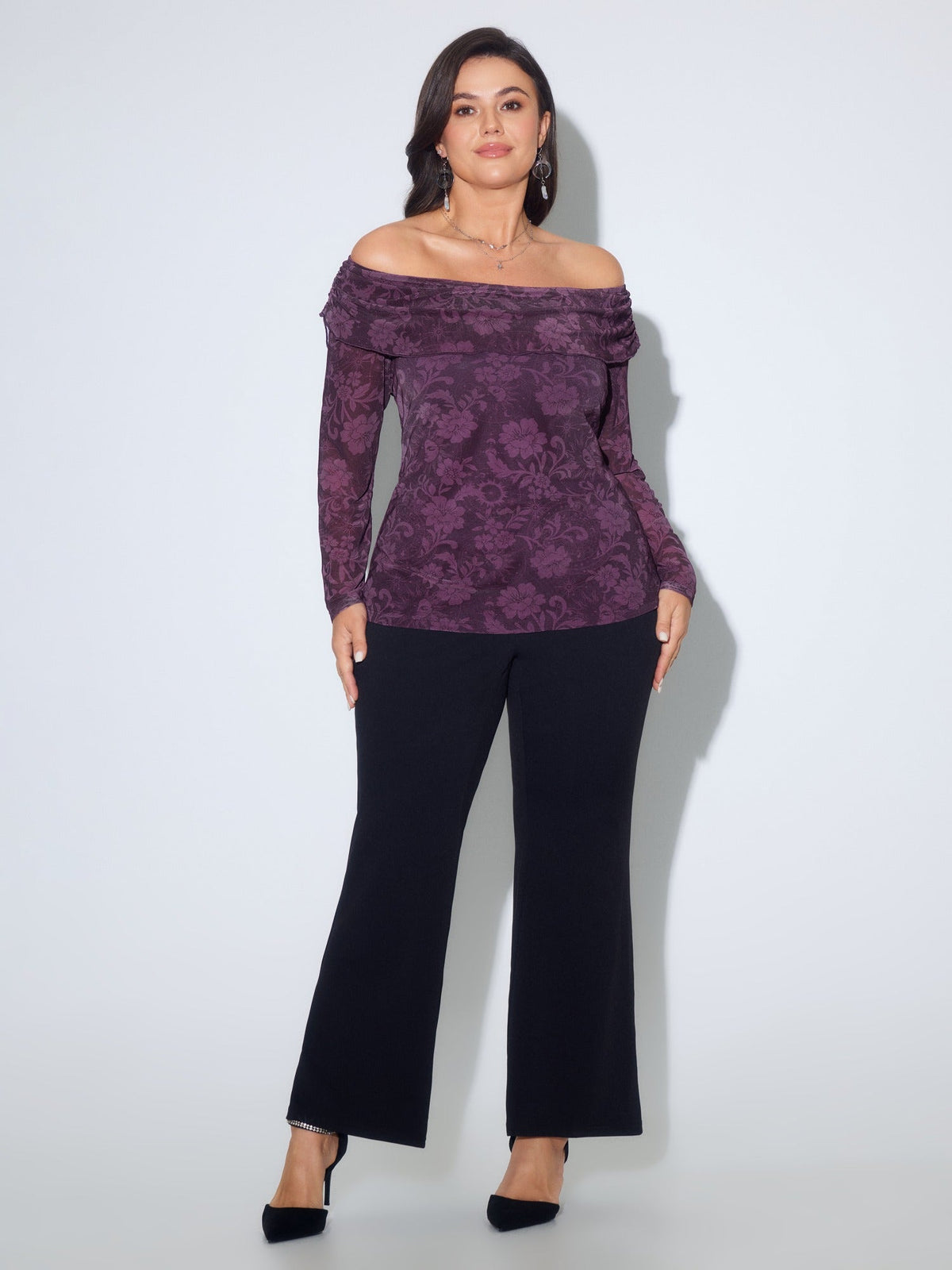 Stretch Floral Print Mesh Off Shoulder Blouse
