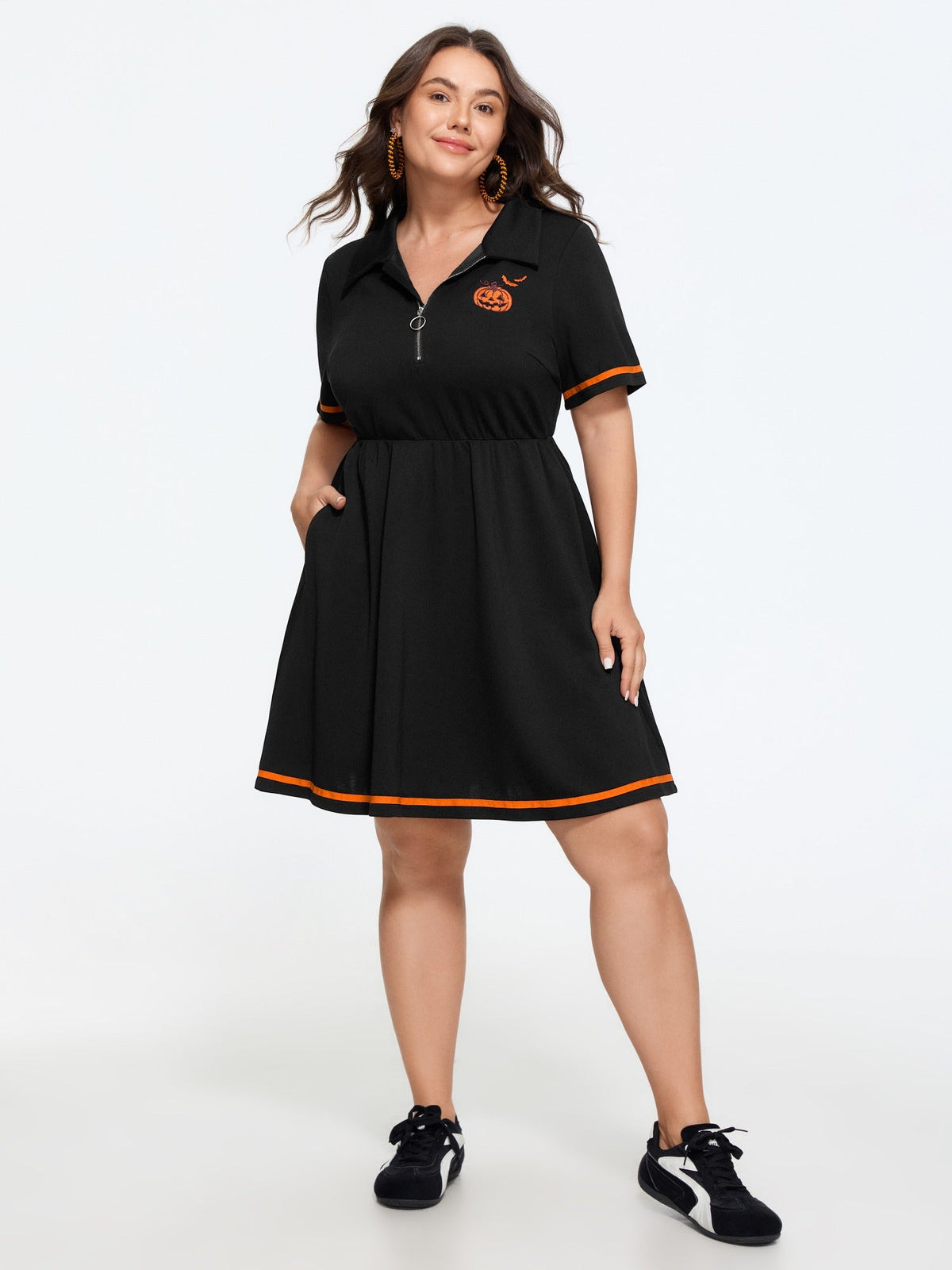Pumpkin Embroidery Contrast Trim Half Zip Mini Dress