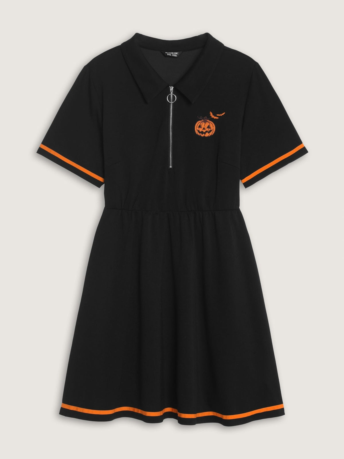 Pumpkin Embroidery Contrast Trim Half Zip Mini Dress