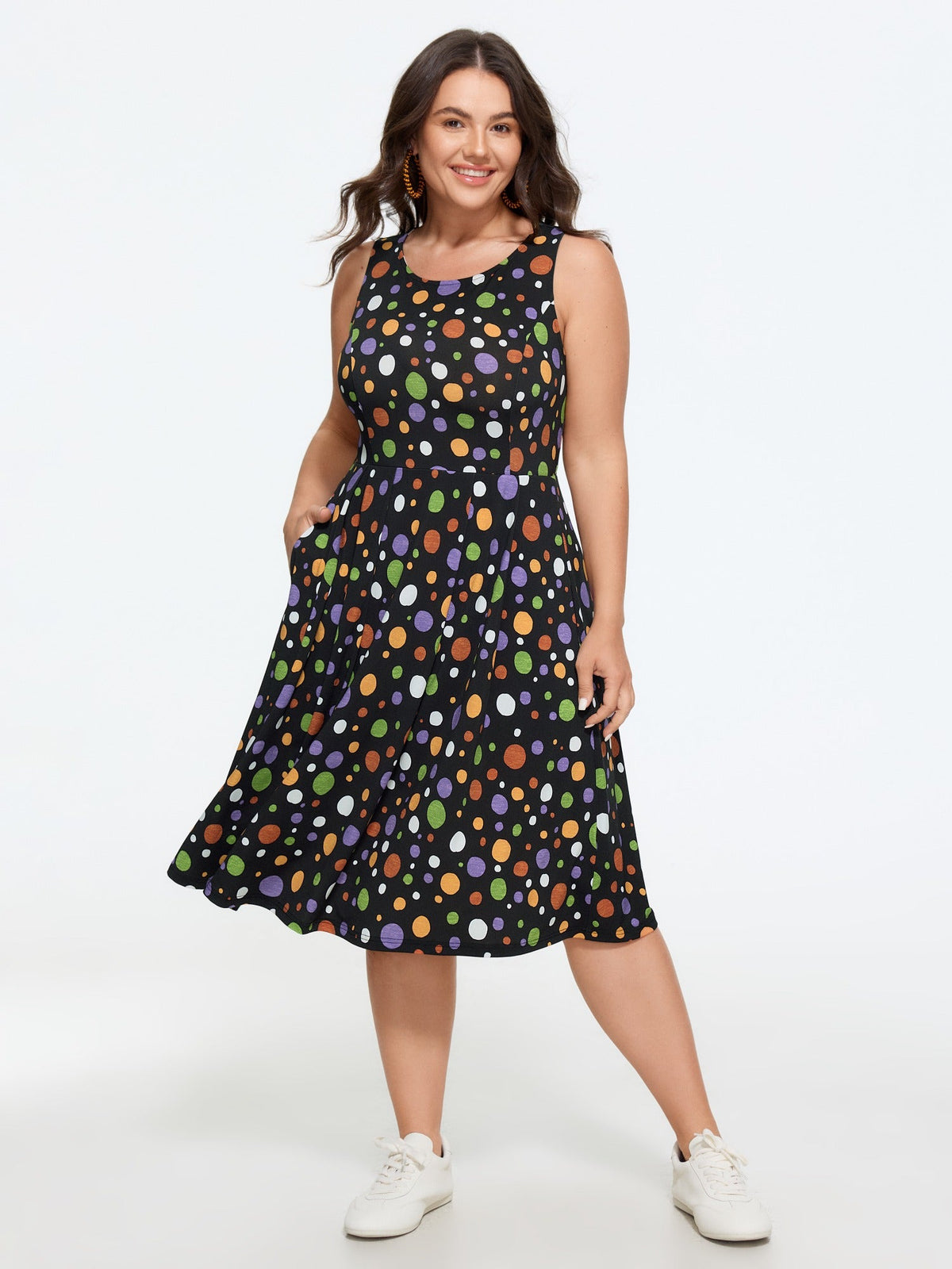 Retro Colorful Polka Dot Sleeveless Midi Dress