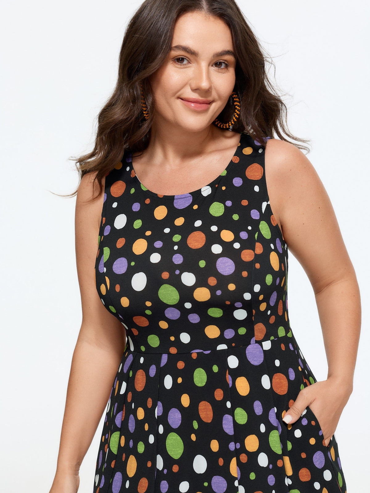 Retro Colorful Polka Dot Sleeveless Midi Dress
