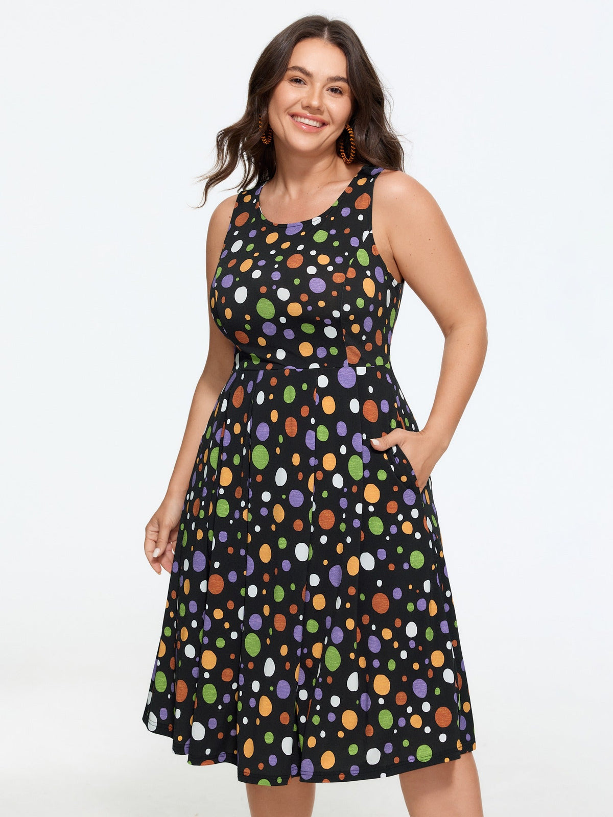 Retro Colorful Polka Dot Sleeveless Midi Dress