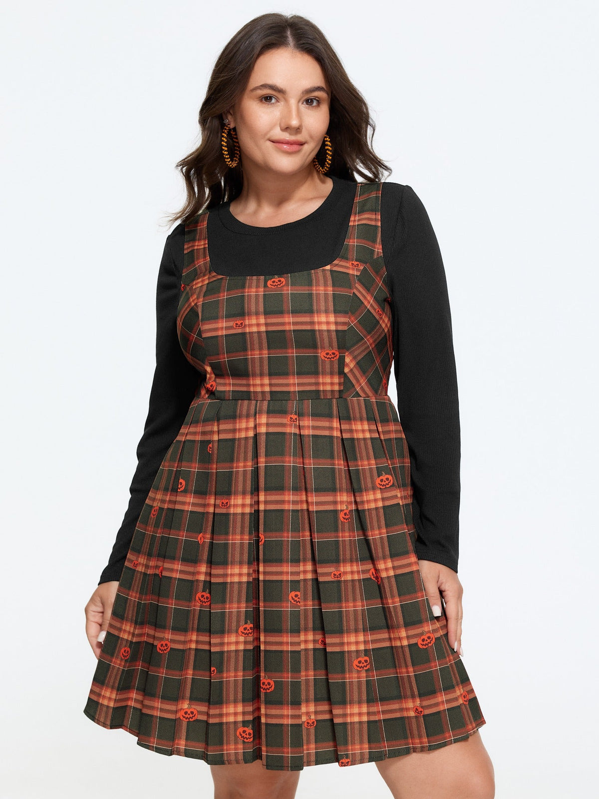 2 In 1 Halloween Pumpkin Print Plaid Pleated Mini Dress