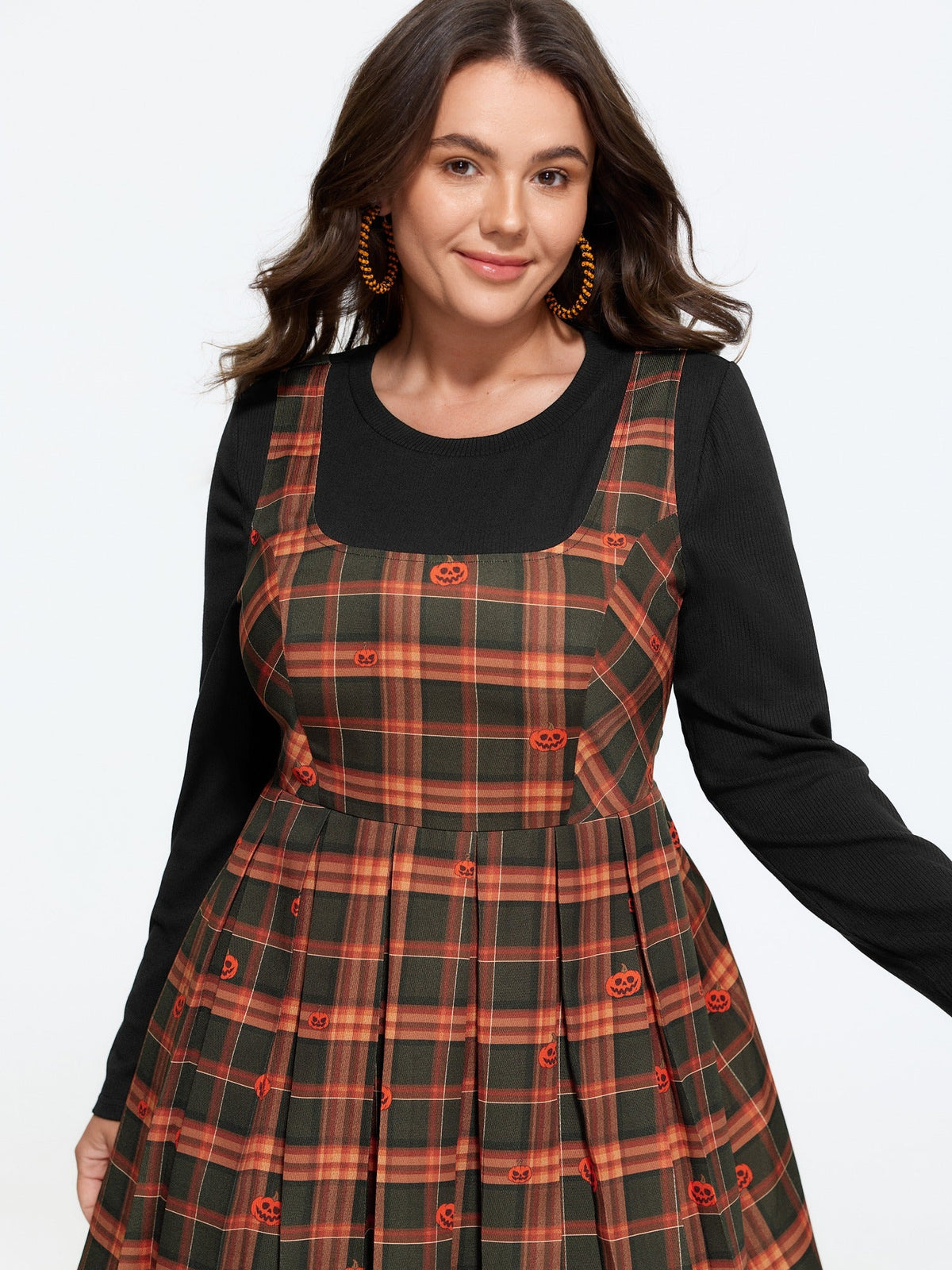 2 In 1 Halloween Pumpkin Print Plaid Pleated Mini Dress