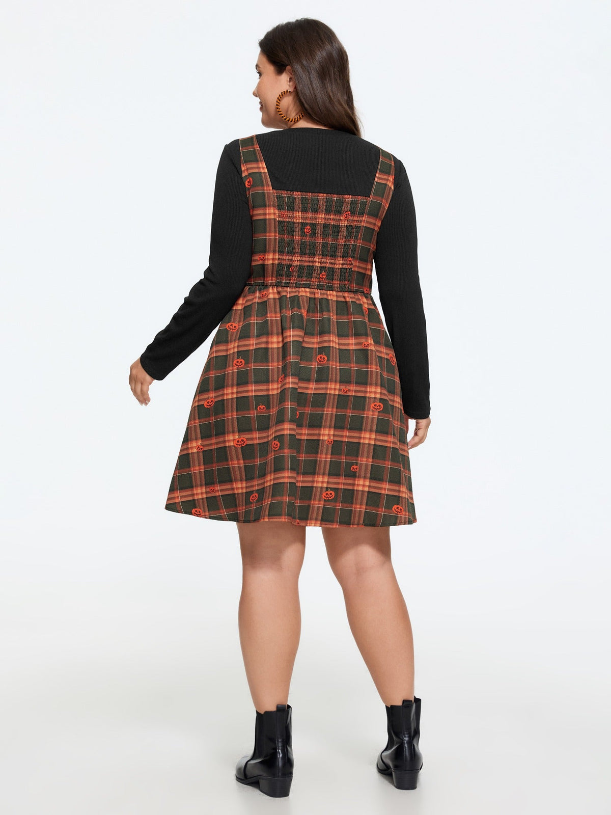 2 In 1 Halloween Pumpkin Print Plaid Pleated Mini Dress
