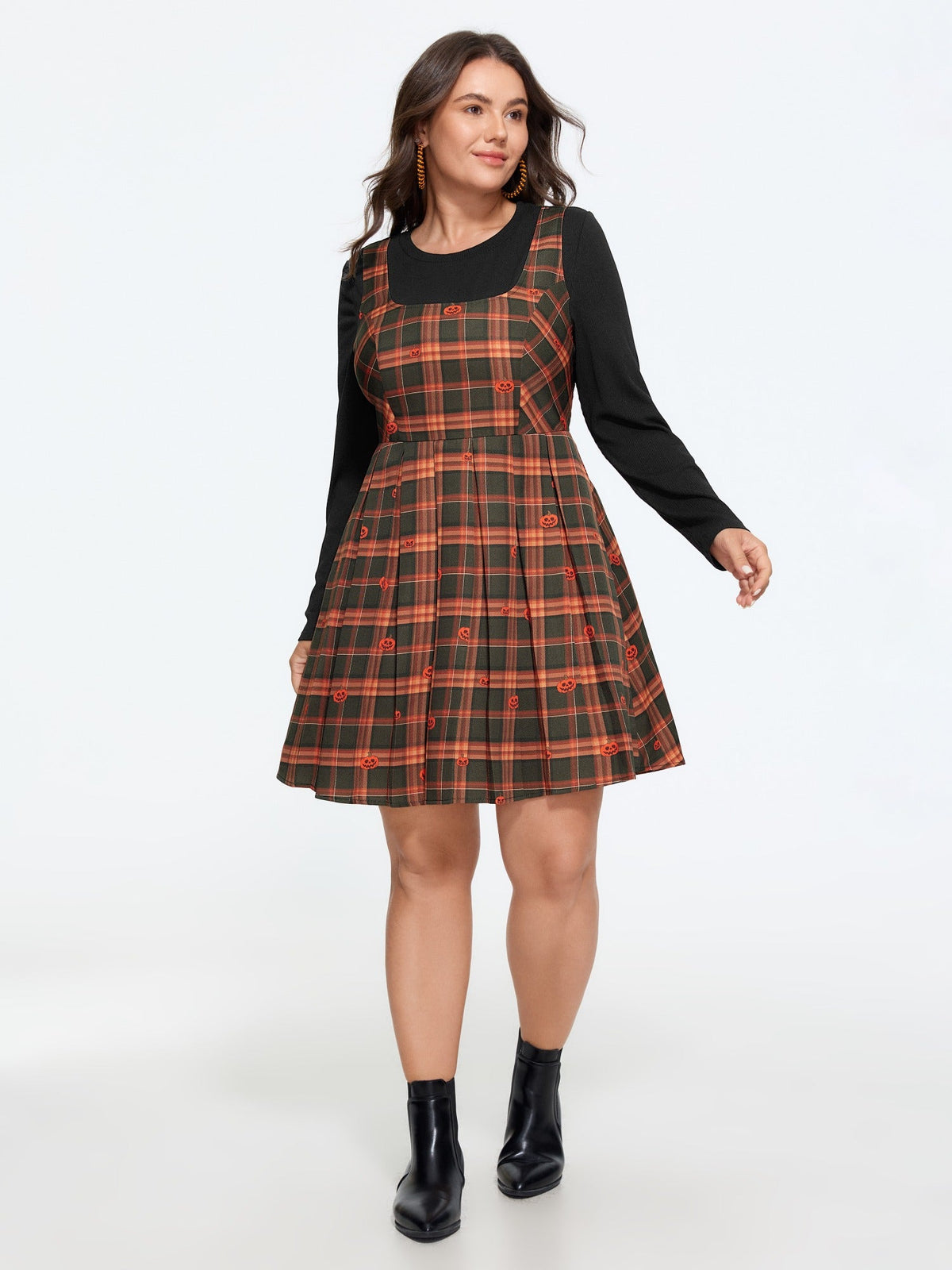 2 In 1 Halloween Pumpkin Print Plaid Pleated Mini Dress