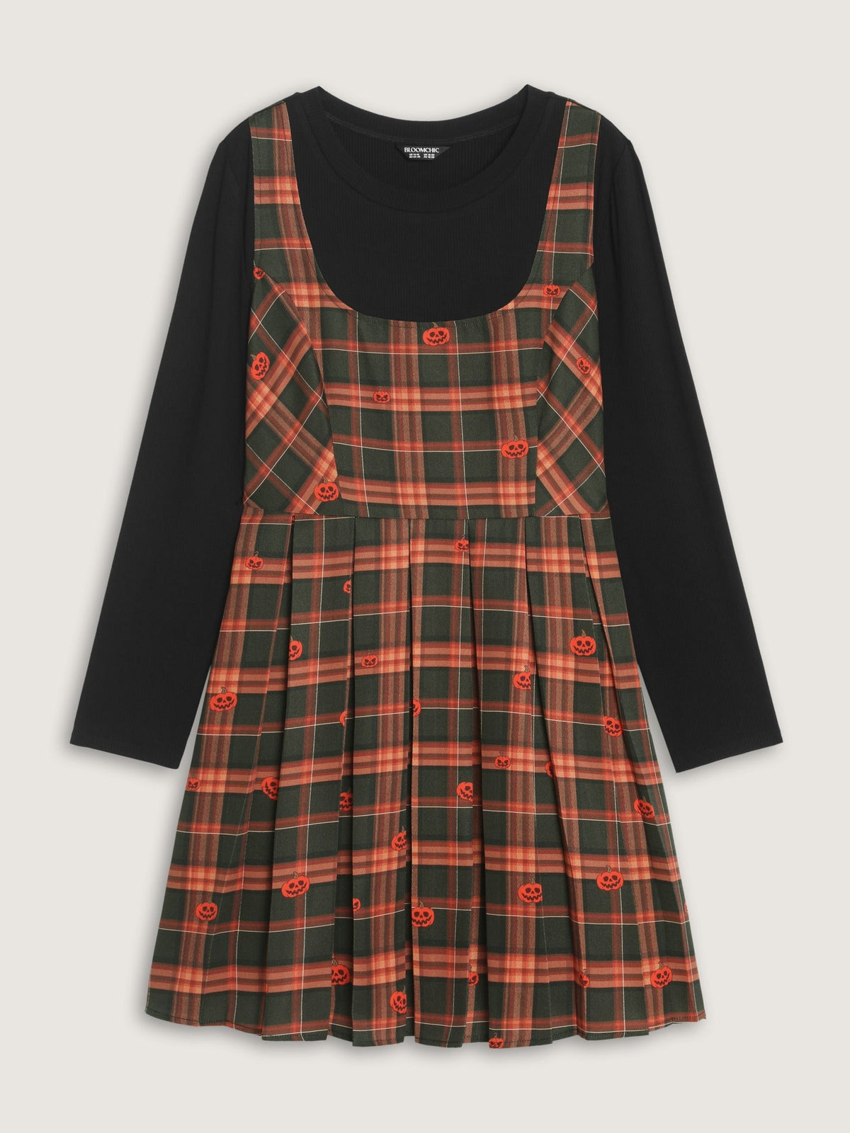 2 In 1 Halloween Pumpkin Print Plaid Pleated Mini Dress