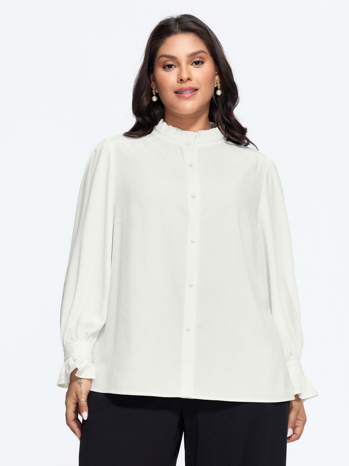 Solid Ruffled Mock Neck Blouse
