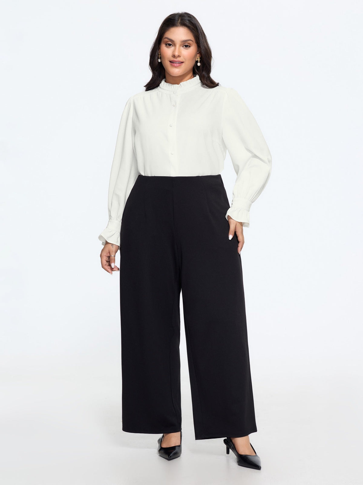 Solid Ruffled Mock Neck Blouse