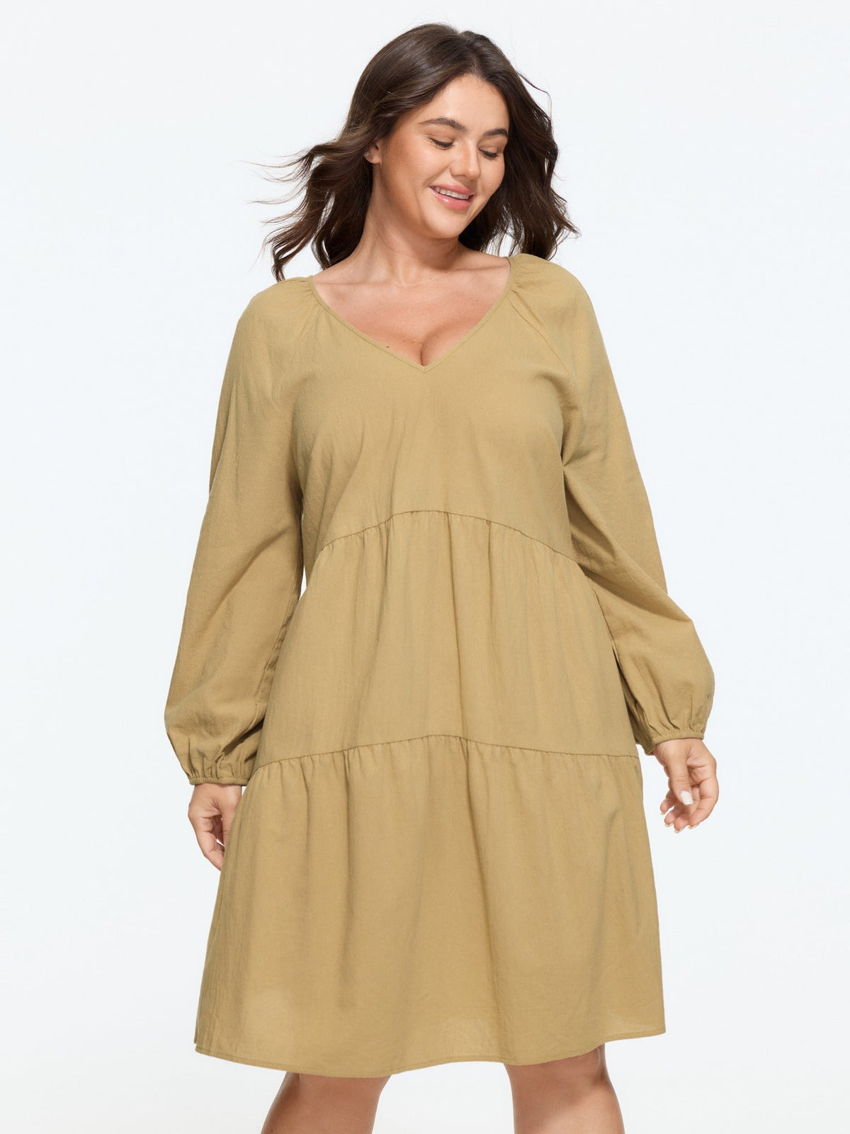 Cotton Textured V‑Neck Tiered Mini Dress