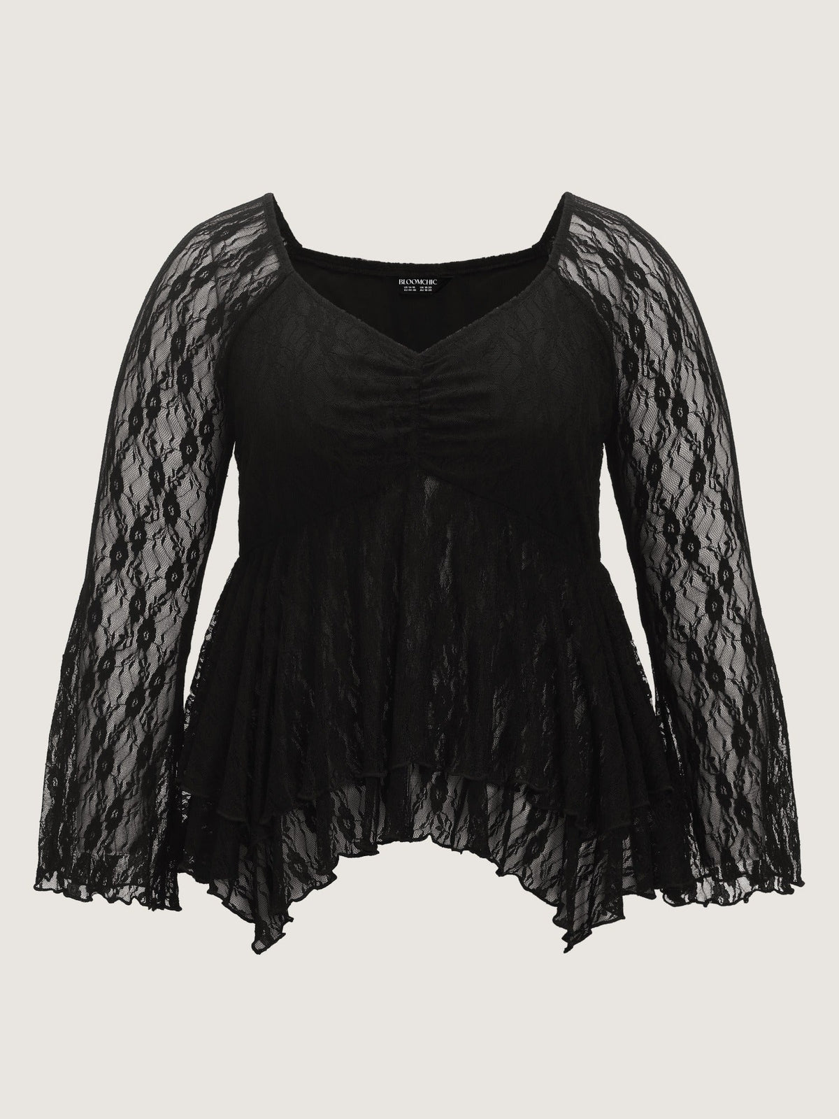 Sheer Lace V‑Neck Flare Sleeve Peplum Blouse