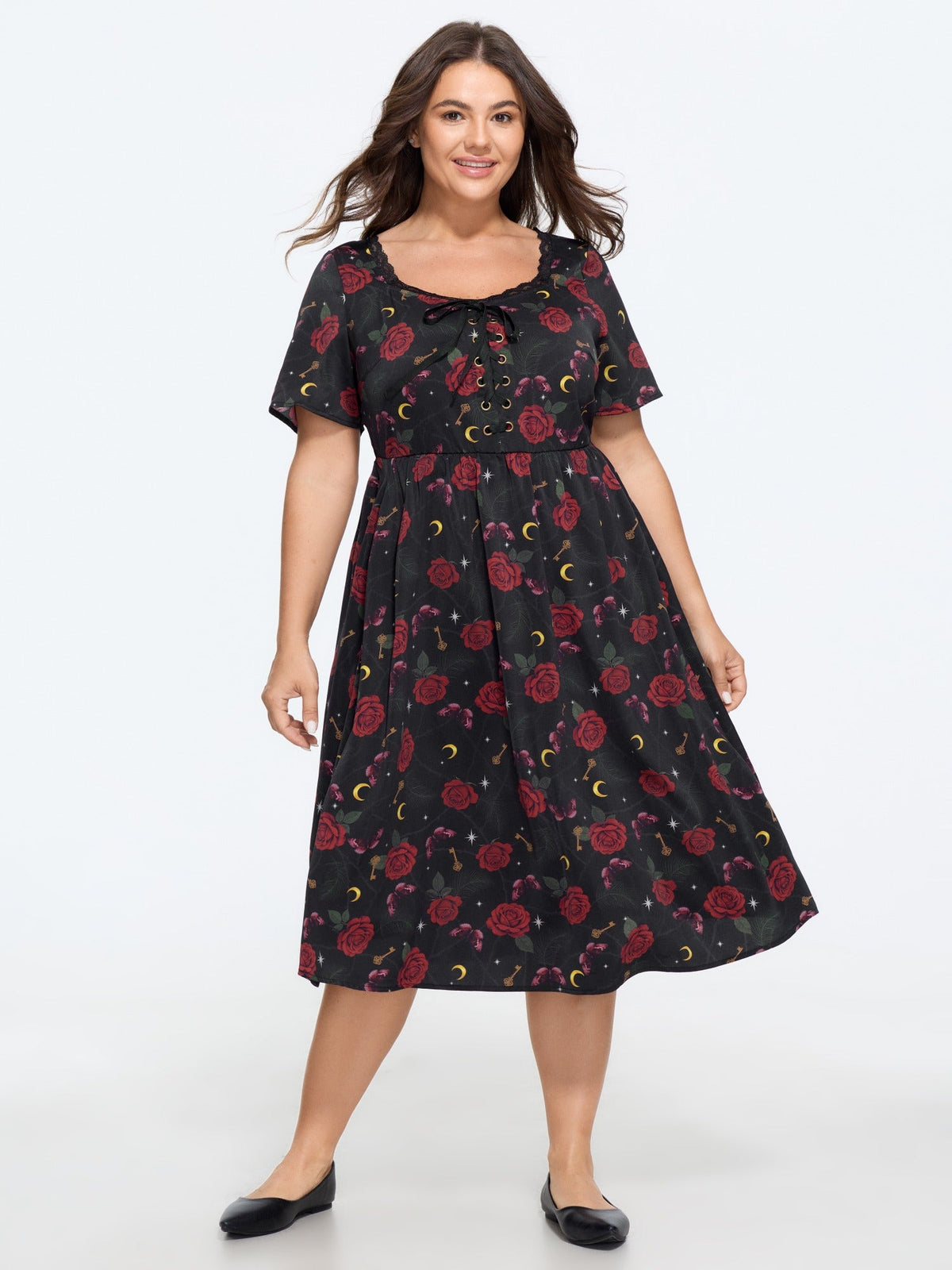 Rose Print Lace Trim Lace‑Up Front Midi Dress