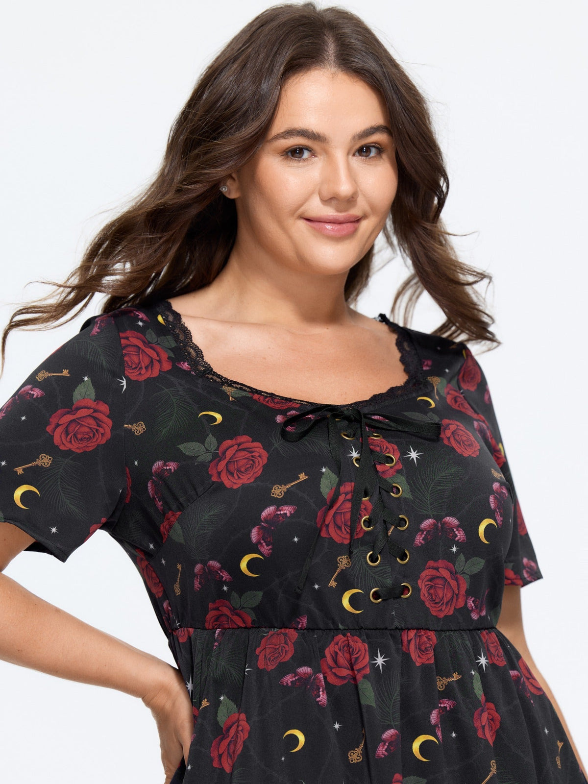 Rose Print Lace Trim Lace‑Up Front Midi Dress
