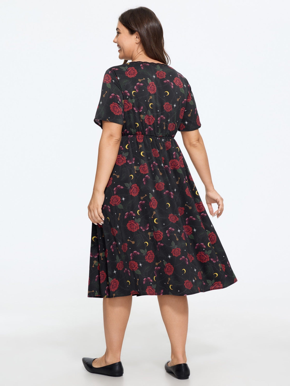 Rose Print Lace Trim Lace‑Up Front Midi Dress