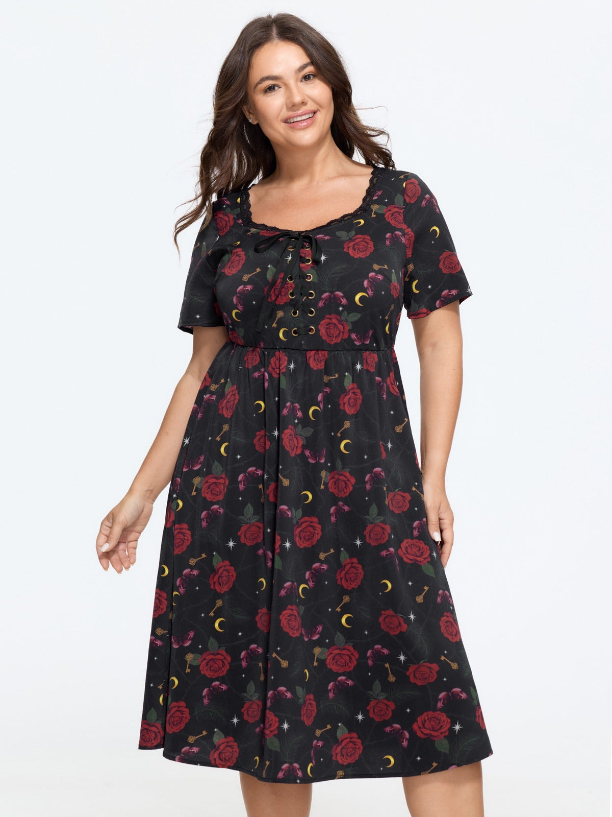 Rose Print Lace Trim Lace‑Up Front Midi Dress