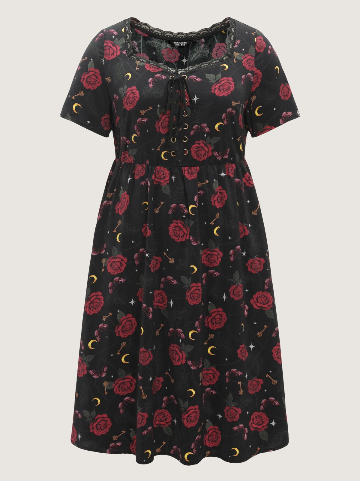 Rose Print Lace Trim Lace‑Up Front Midi Dress