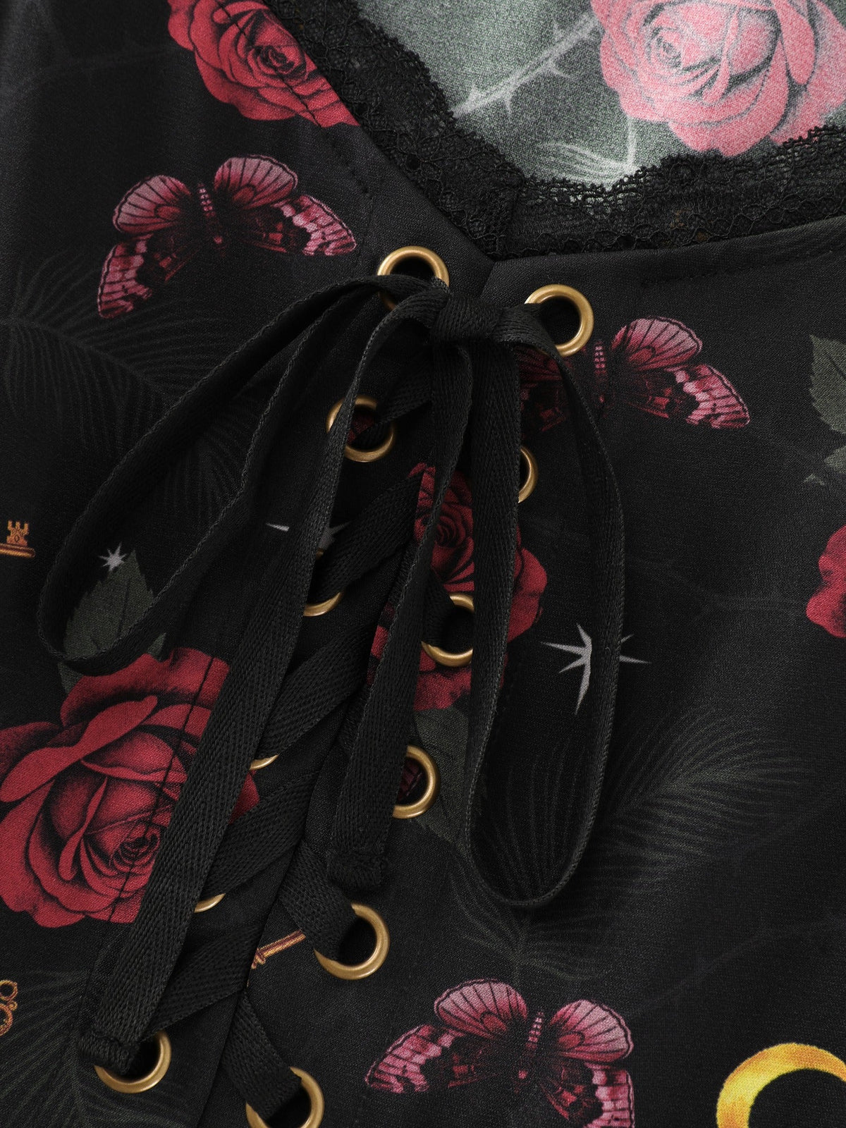 Rose Print Lace Trim Lace‑Up Front Midi Dress