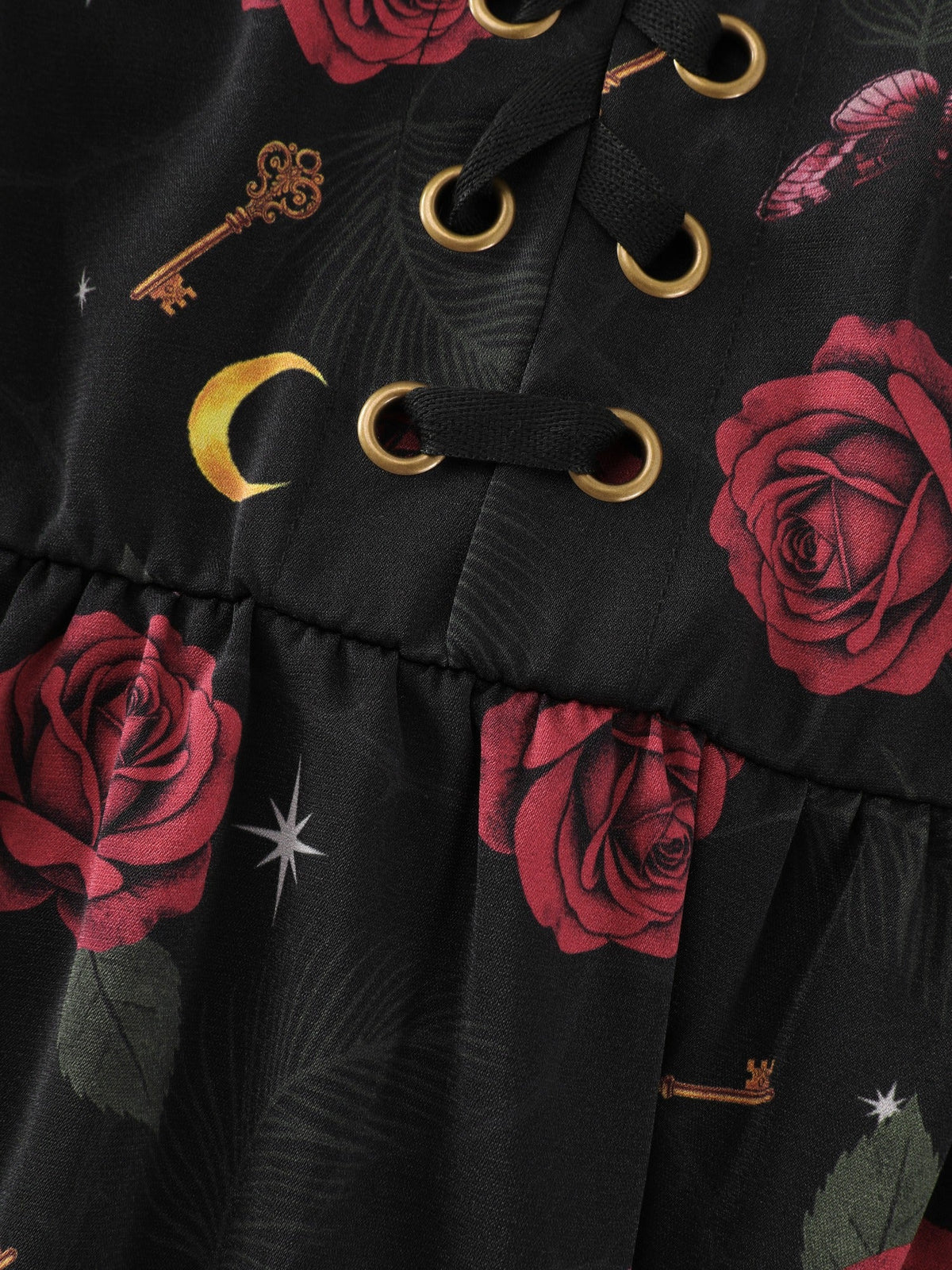 Rose Print Lace Trim Lace‑Up Front Midi Dress