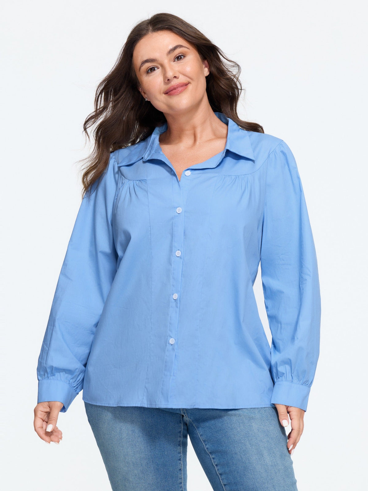 Pleated‑Shoulder Button Down Blouse
