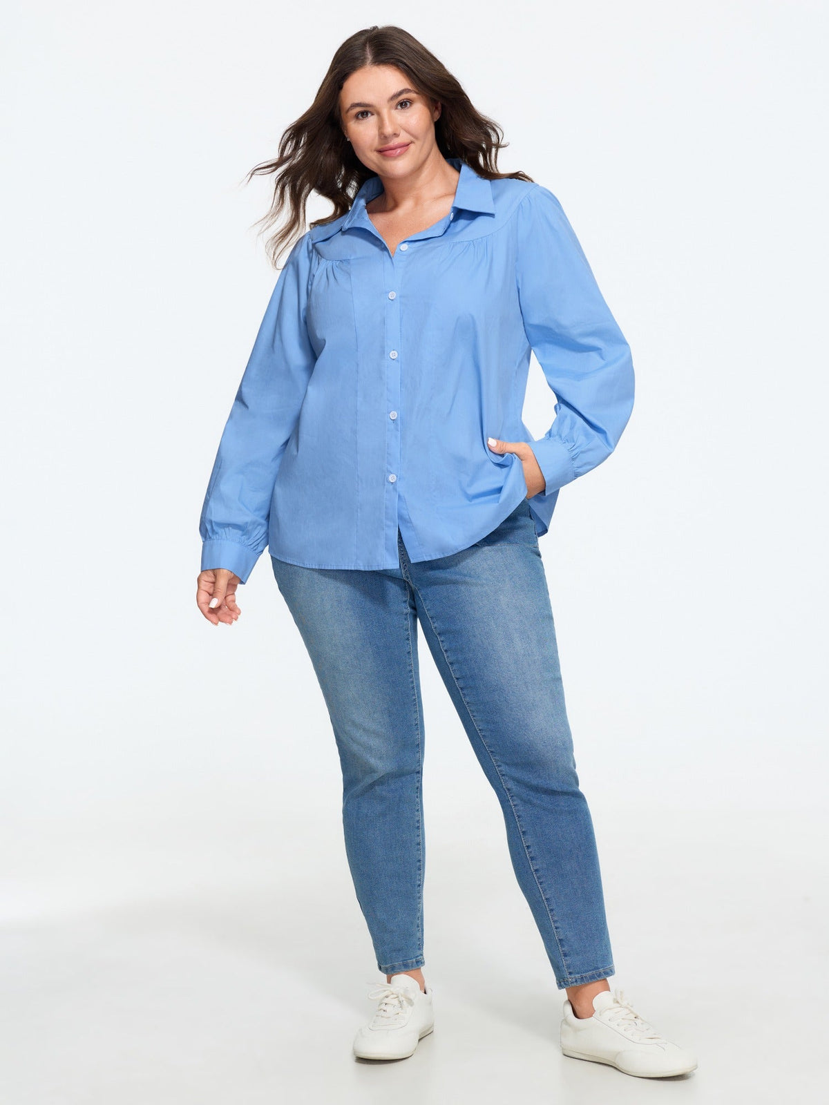 Pleated‑Shoulder Button Down Blouse