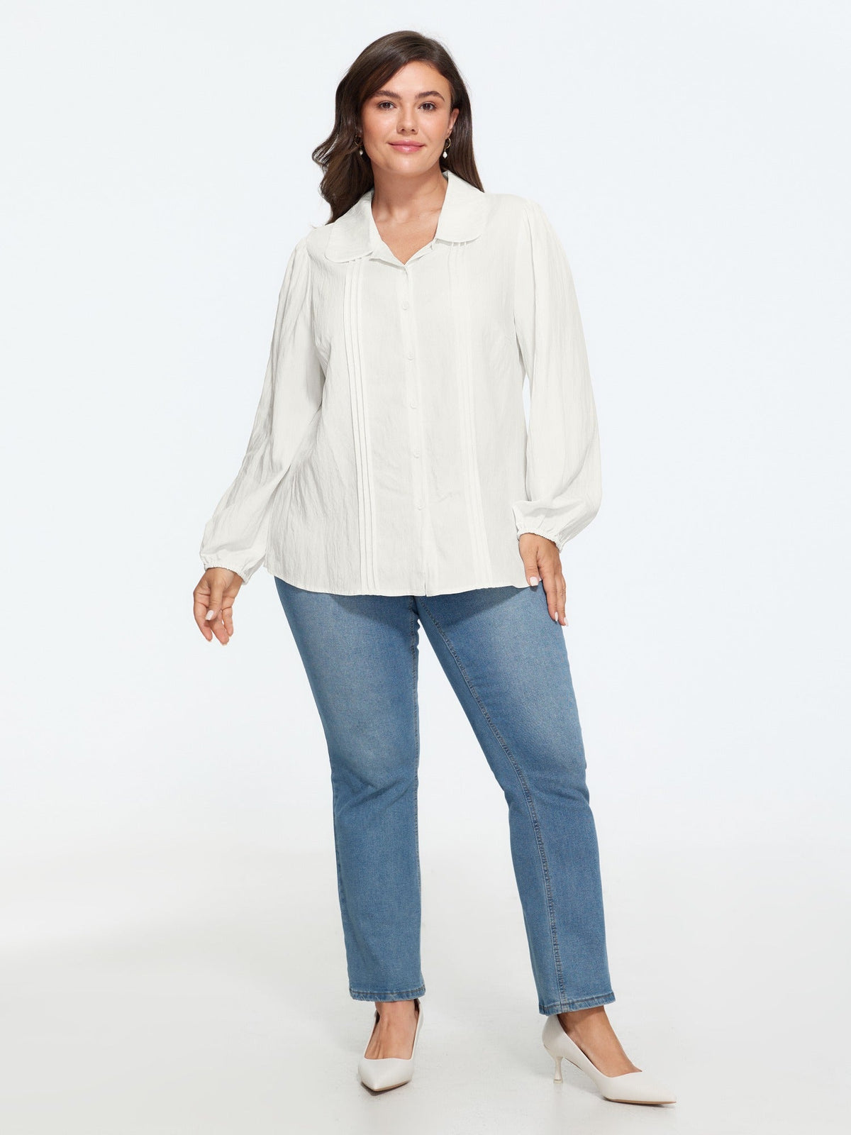Peter Pan Collar Pleated Button‑Down Blouse