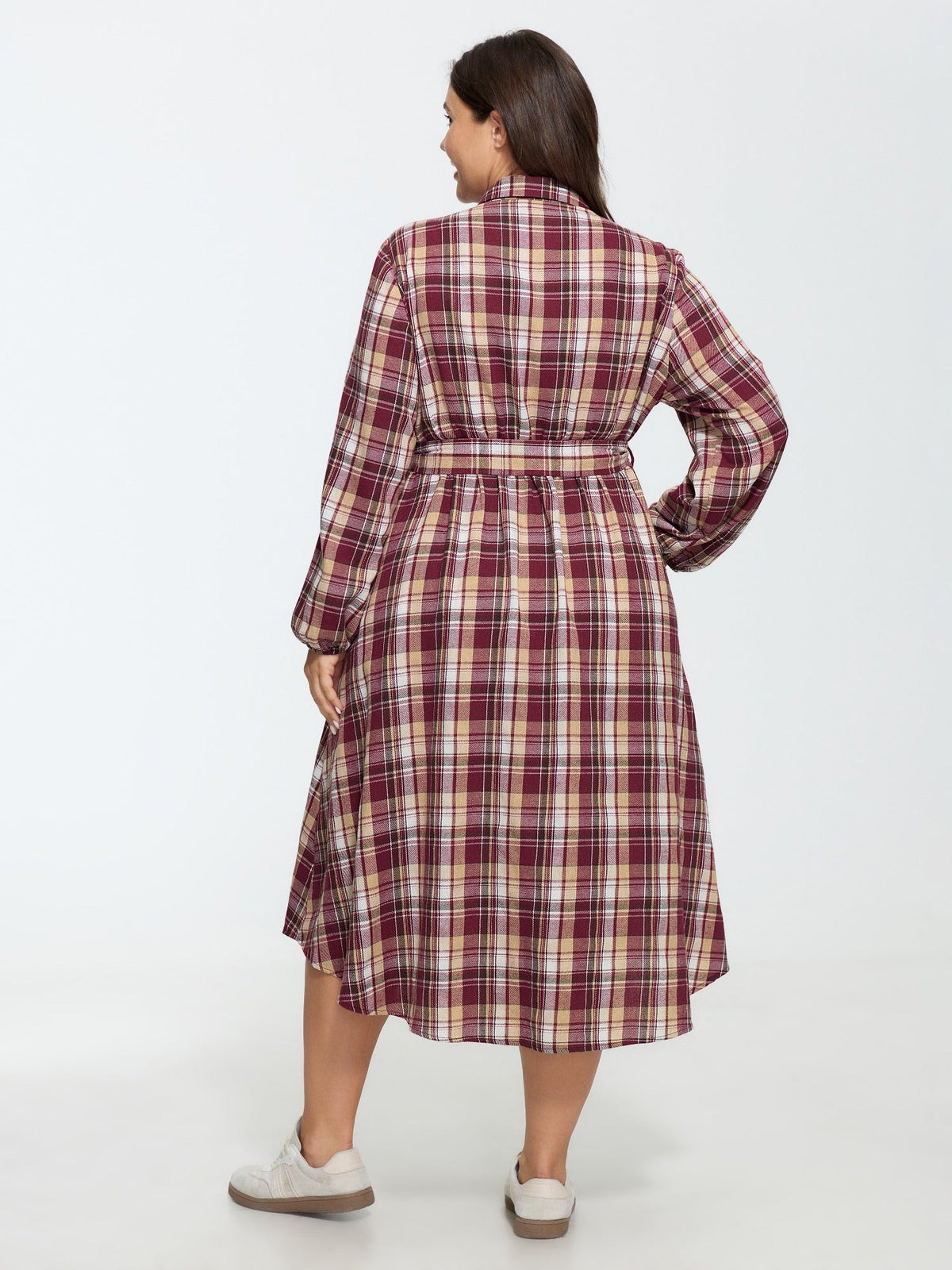 Plaid Button Detail Pocket Belted Arc Hem Midi Dress