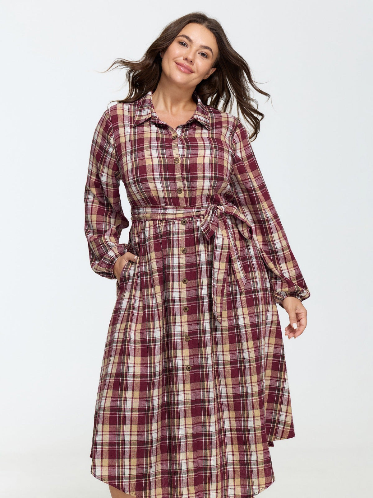 Plaid Button Detail Pocket Belted Arc Hem Midi Dress