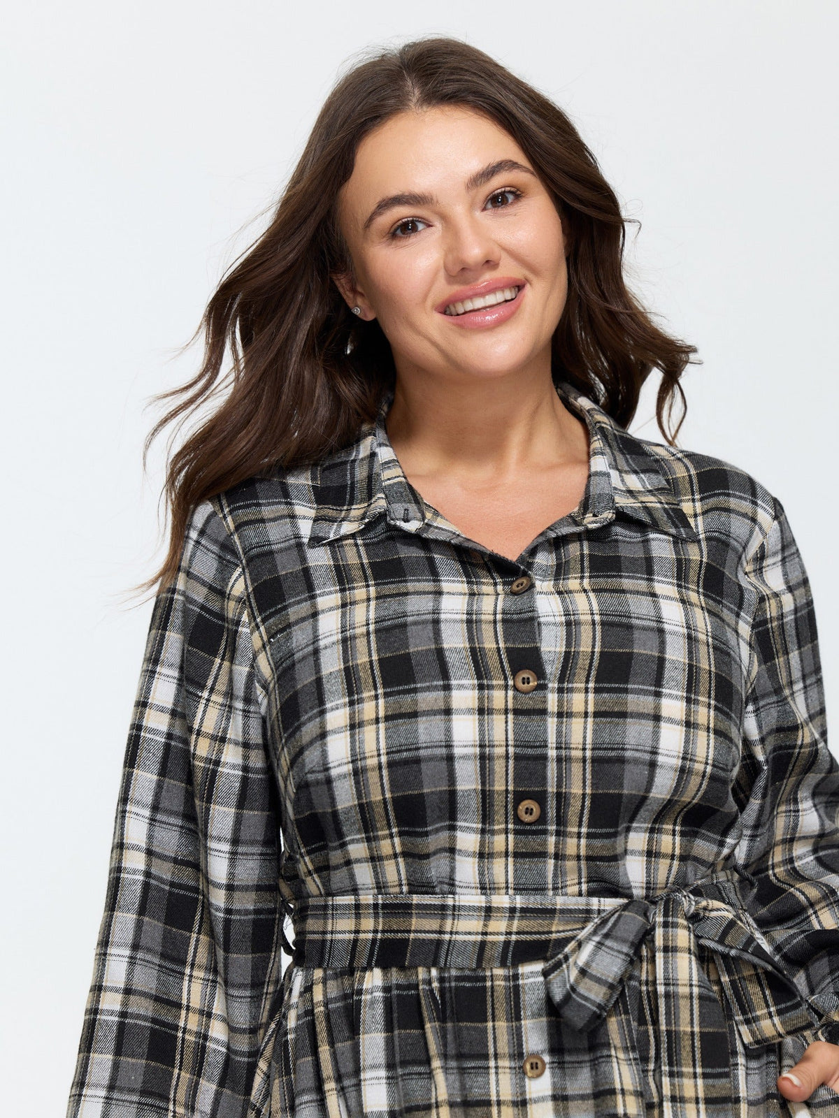 Plaid Button Detail Pocket Belted Arc Hem Midi Dress