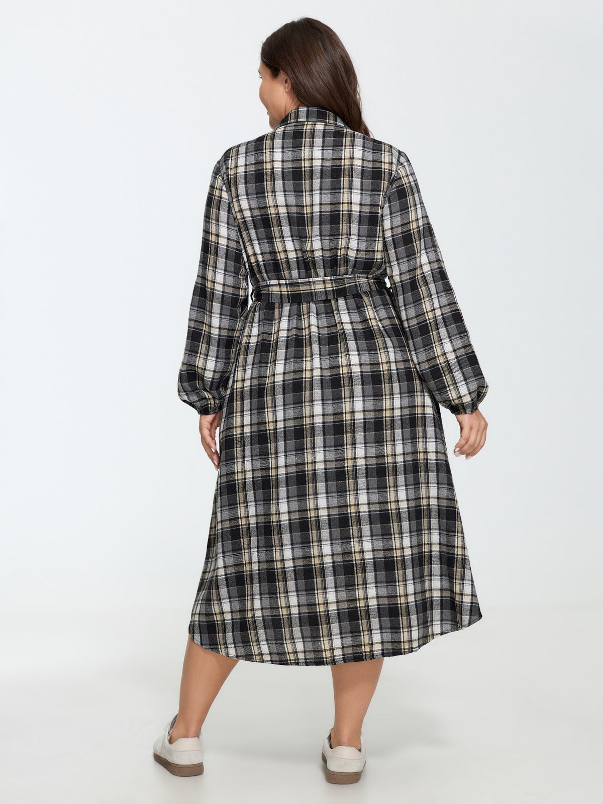 Plaid Button Detail Pocket Belted Arc Hem Midi Dress