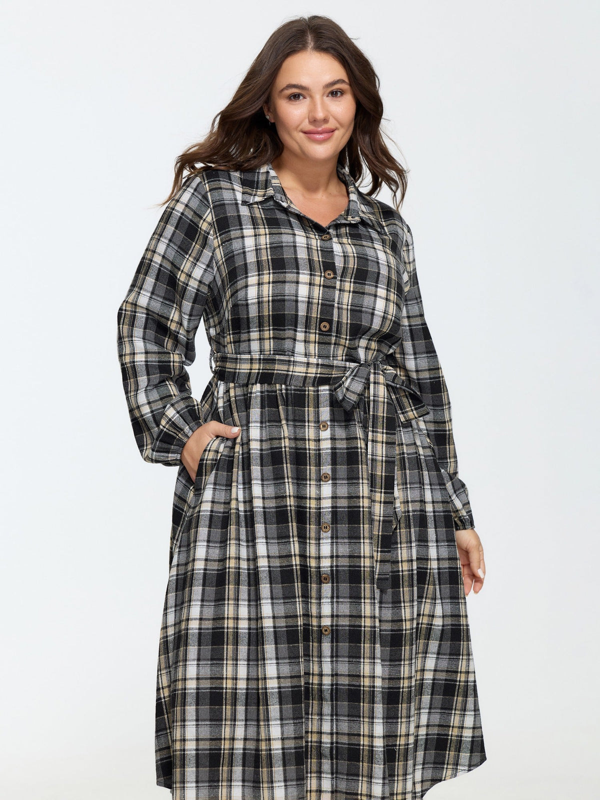 Plaid Button Detail Pocket Belted Arc Hem Midi Dress