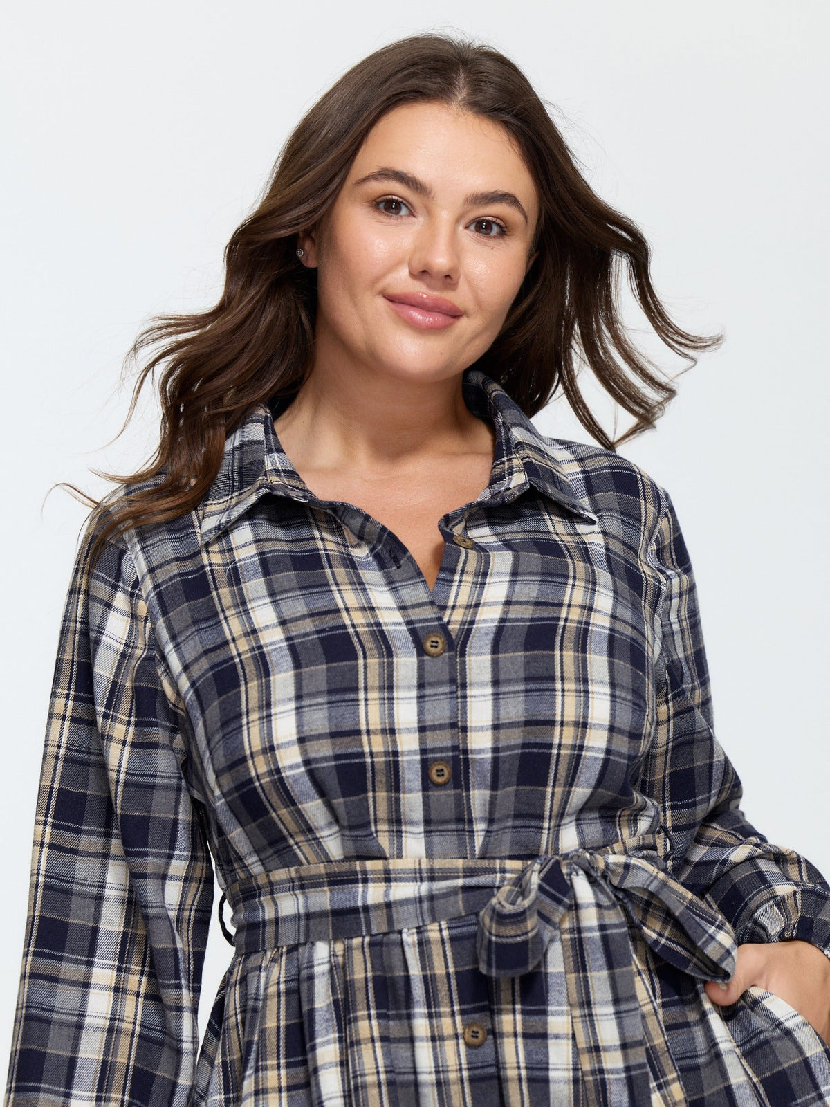 Plaid Button Detail Pocket Belted Arc Hem Midi Dress