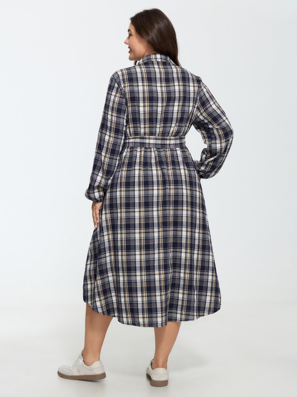 Plaid Button Detail Pocket Belted Arc Hem Midi Dress