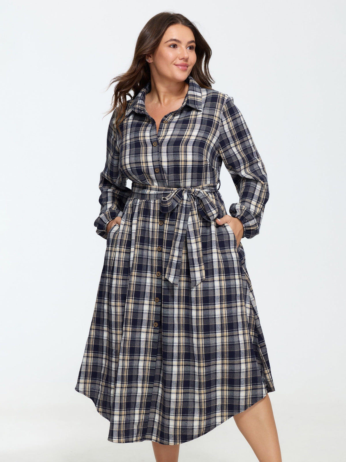 Plaid Button Detail Pocket Belted Arc Hem Midi Dress