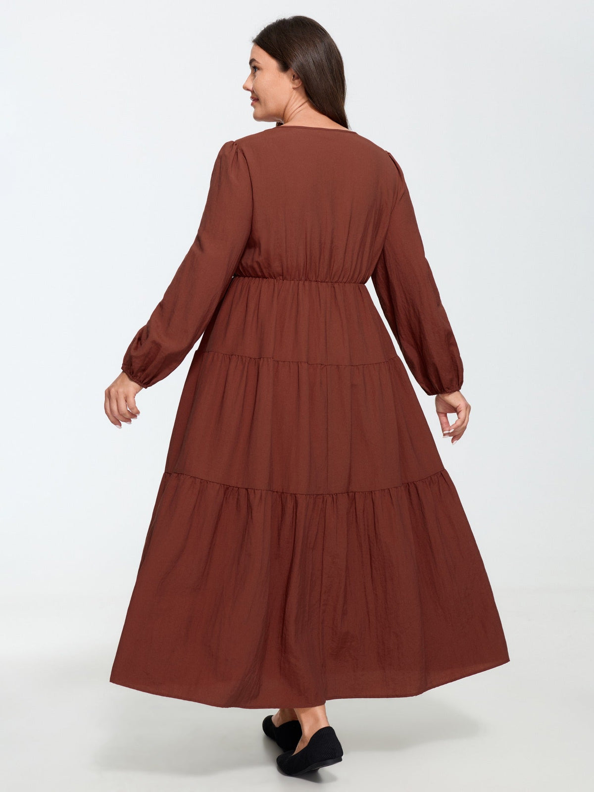 V‑Neck Bubble Long Sleeve Tiered Maxi Dress