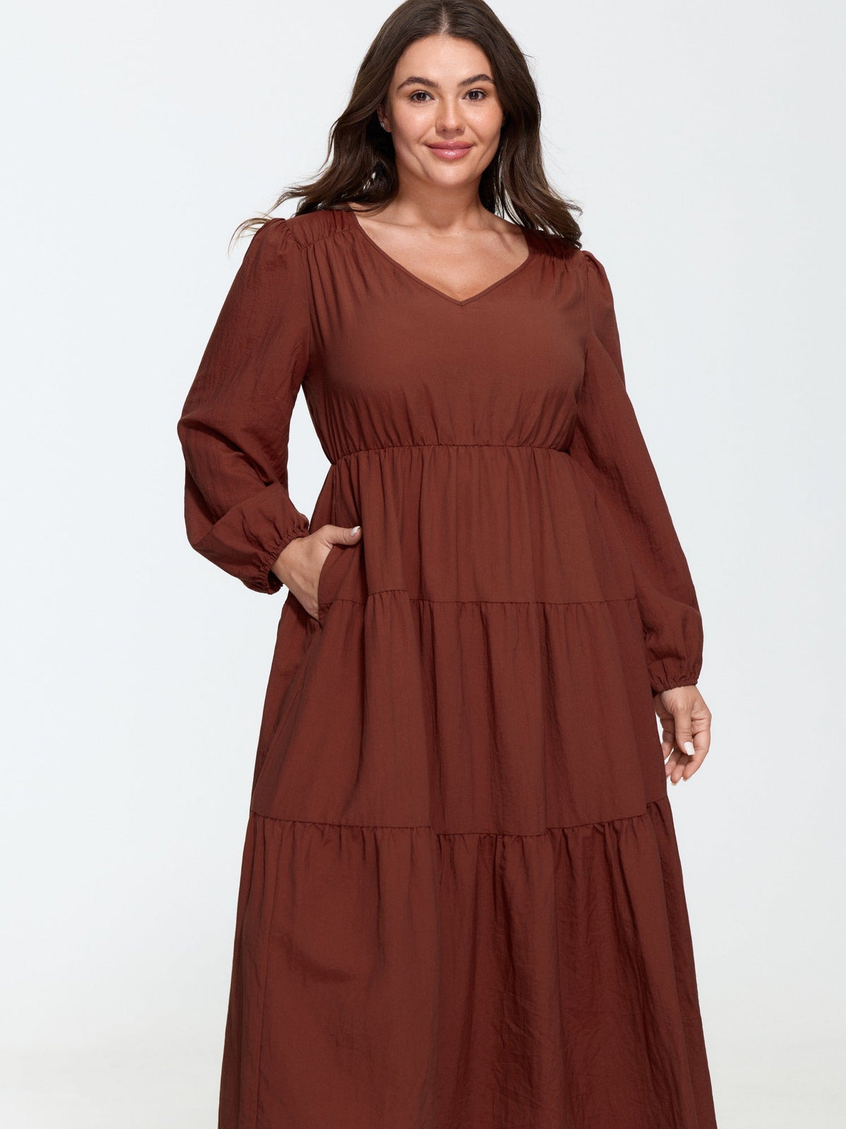 V‑Neck Bubble Long Sleeve Tiered Maxi Dress
