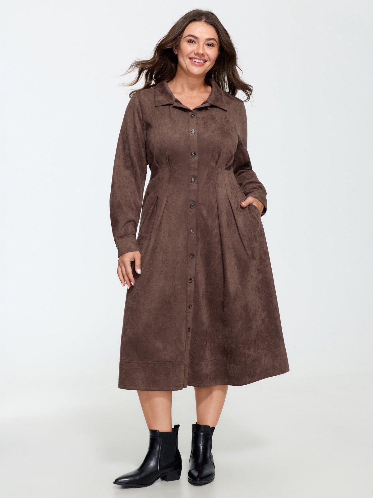 Velvety Texture Button Front Waist Pleated Midi Dress