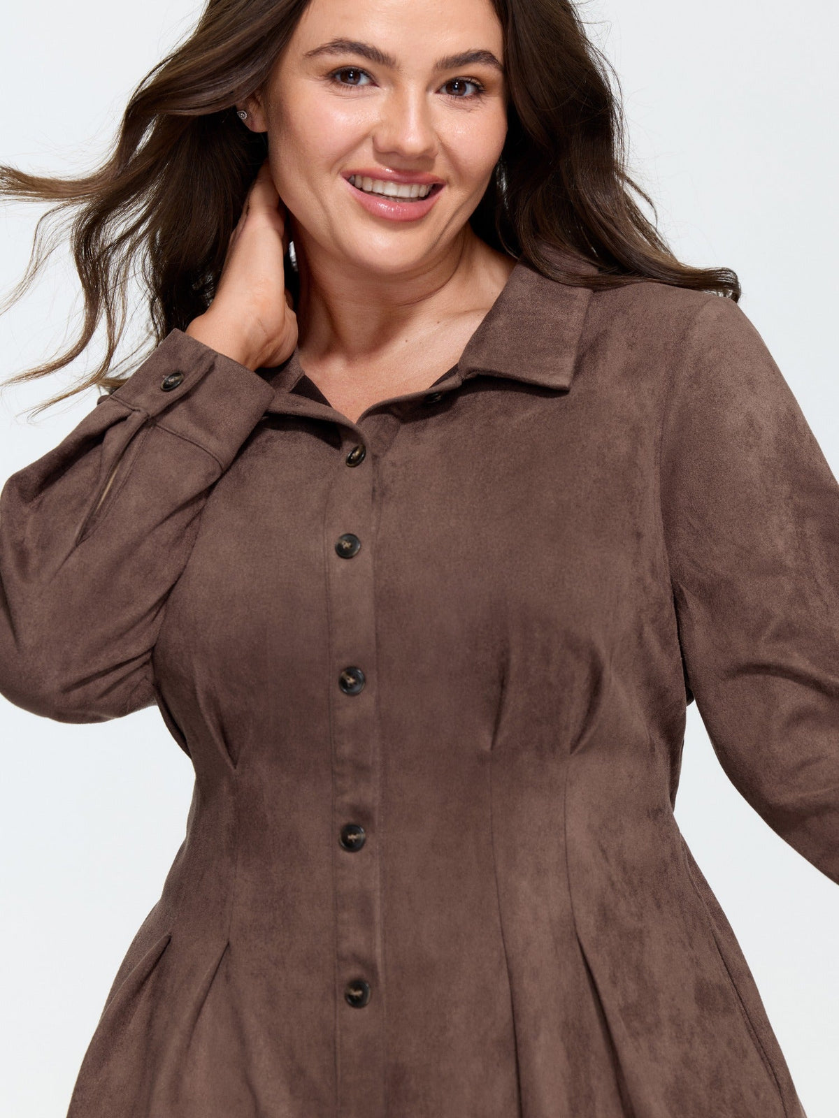 Velvety Texture Button Front Waist Pleated Midi Dress