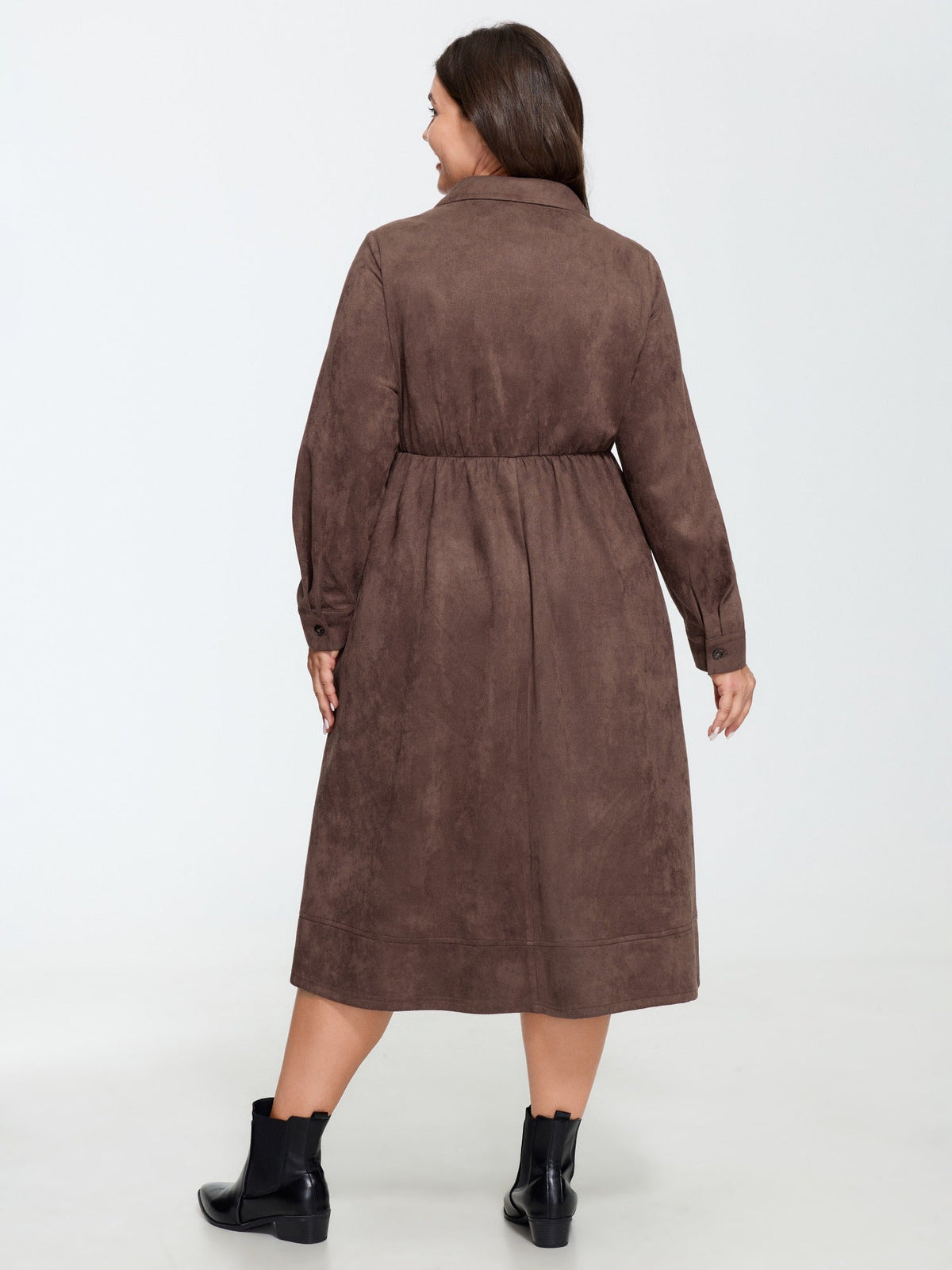 Velvety Texture Button Front Waist Pleated Midi Dress