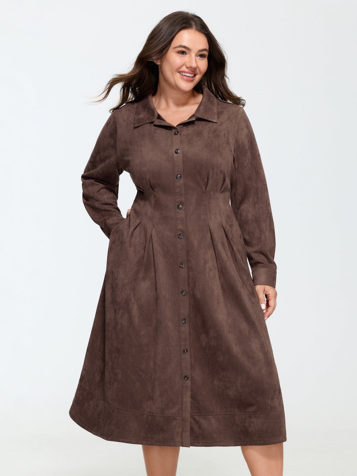 Velvety Texture Button Front Waist Pleated Midi Dress