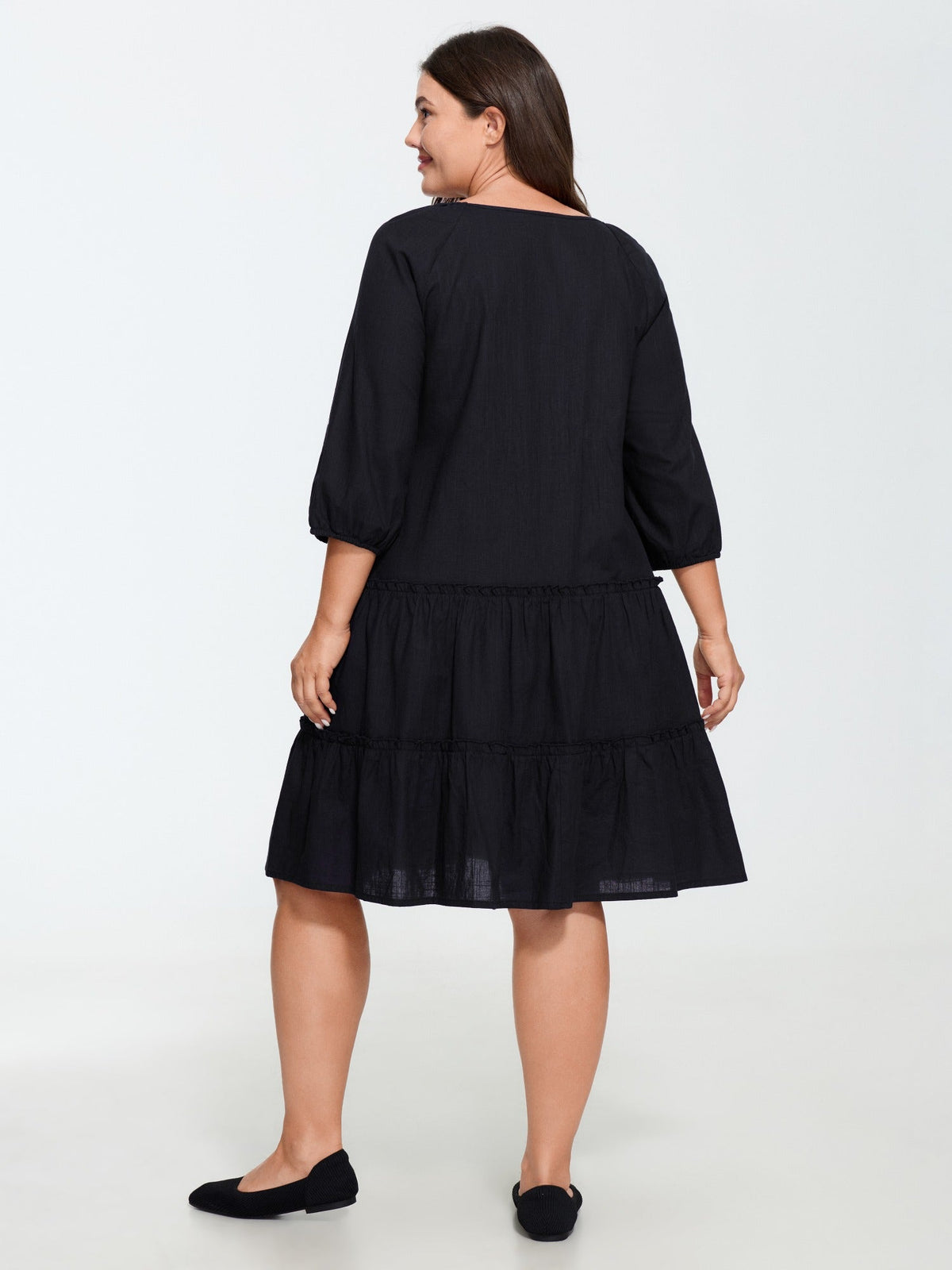 Cotton V‑Neck Tiered Ruffle Mini Dress