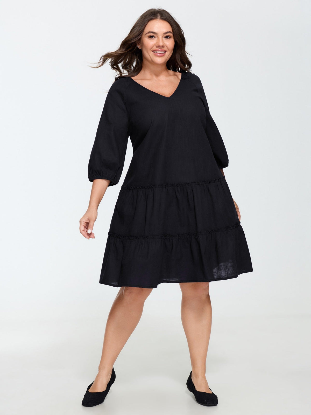 Cotton V‑Neck Tiered Ruffle Mini Dress