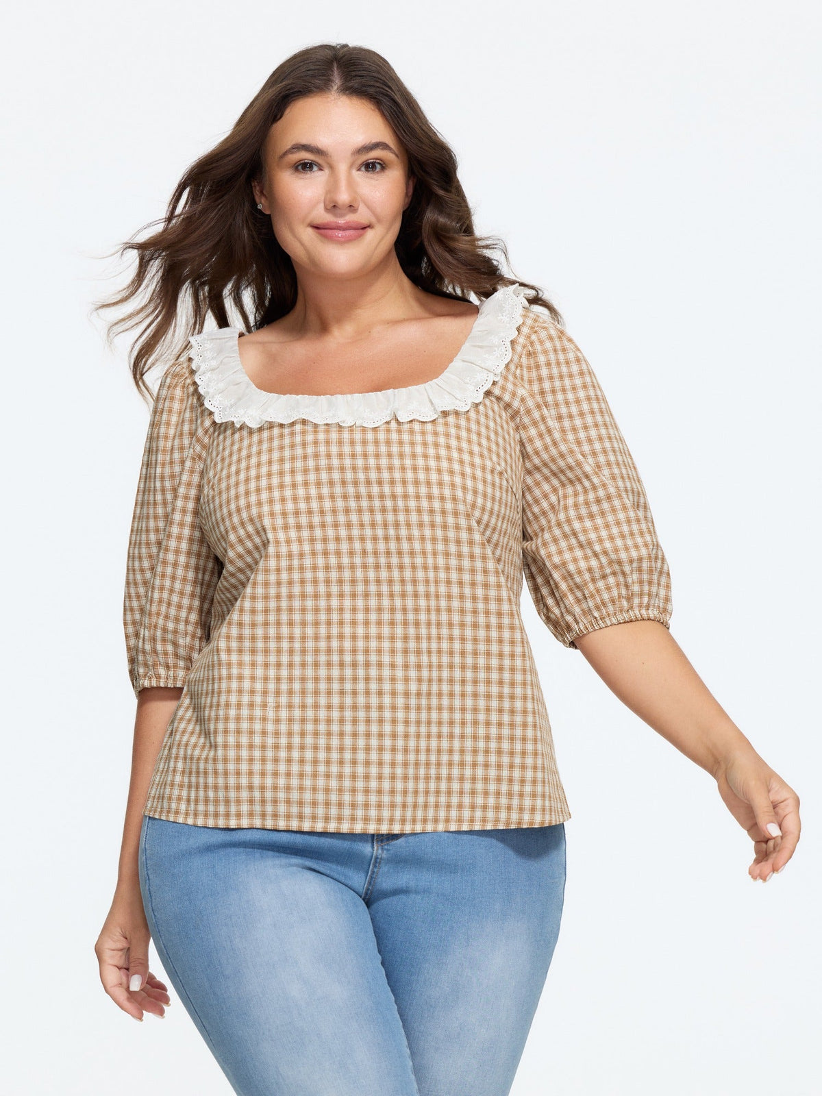 Cotton Square Neck Lace Ruffle Patchwork Blouse