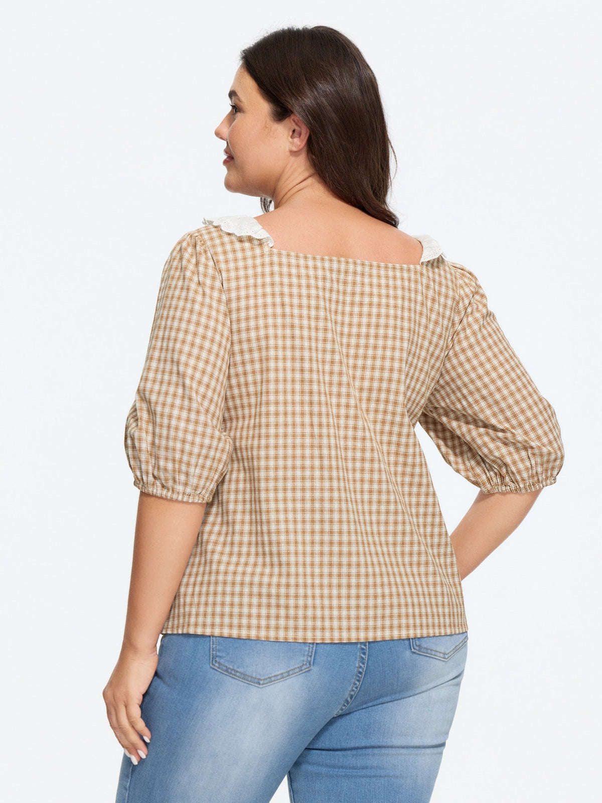 Cotton Square Neck Lace Ruffle Patchwork Blouse