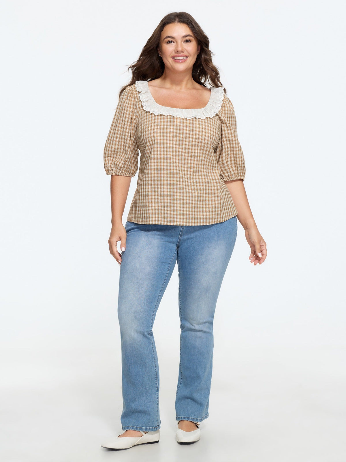 Cotton Square Neck Lace Ruffle Patchwork Blouse