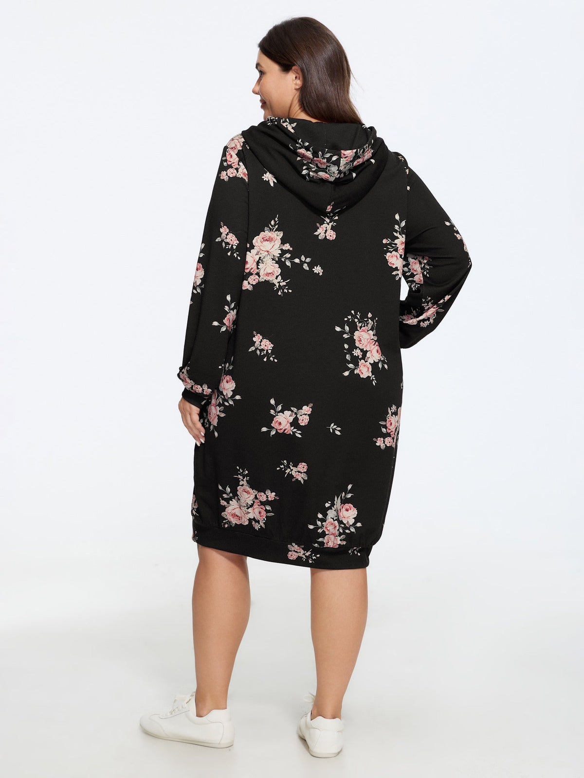 Stretchy Floral Print Drawstring Hooded Mini Dress