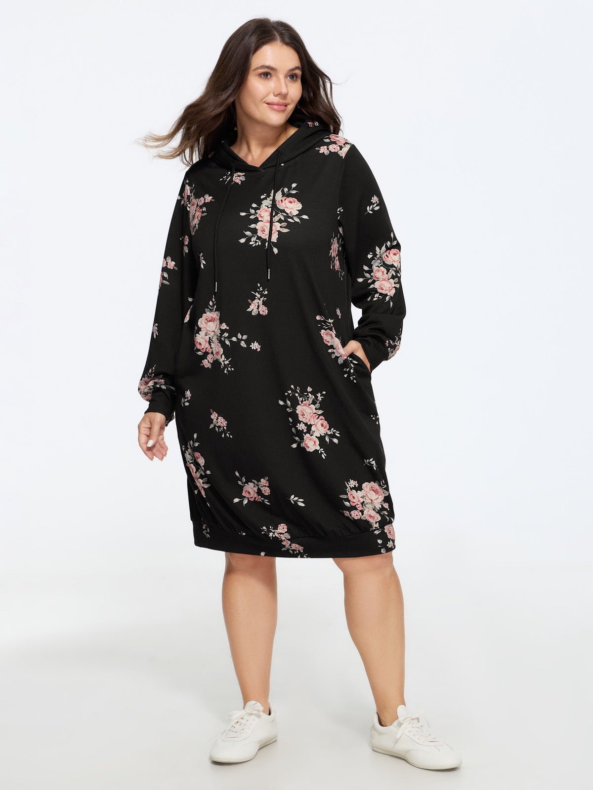 Stretchy Floral Print Drawstring Hooded Mini Dress
